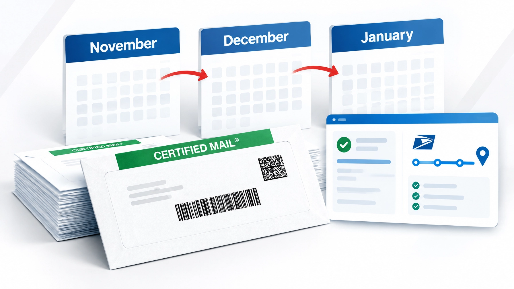 A Certified Mail envelope, document stack, and digital calendar cards showing a streamlined year-end mailing workflow